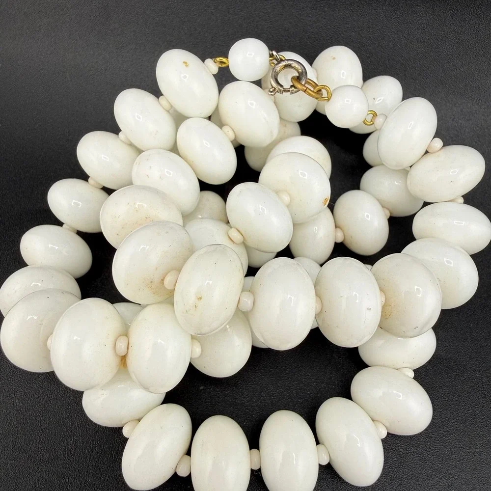 Vintage Glass Beaded Necklace Graduated Oval White Milk Strand 23 Inch